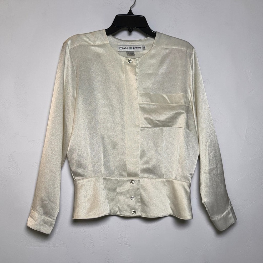 Chaus Petites Vintage Cream Satin Rhinestone Button Banded Waist Blouse Size 14P